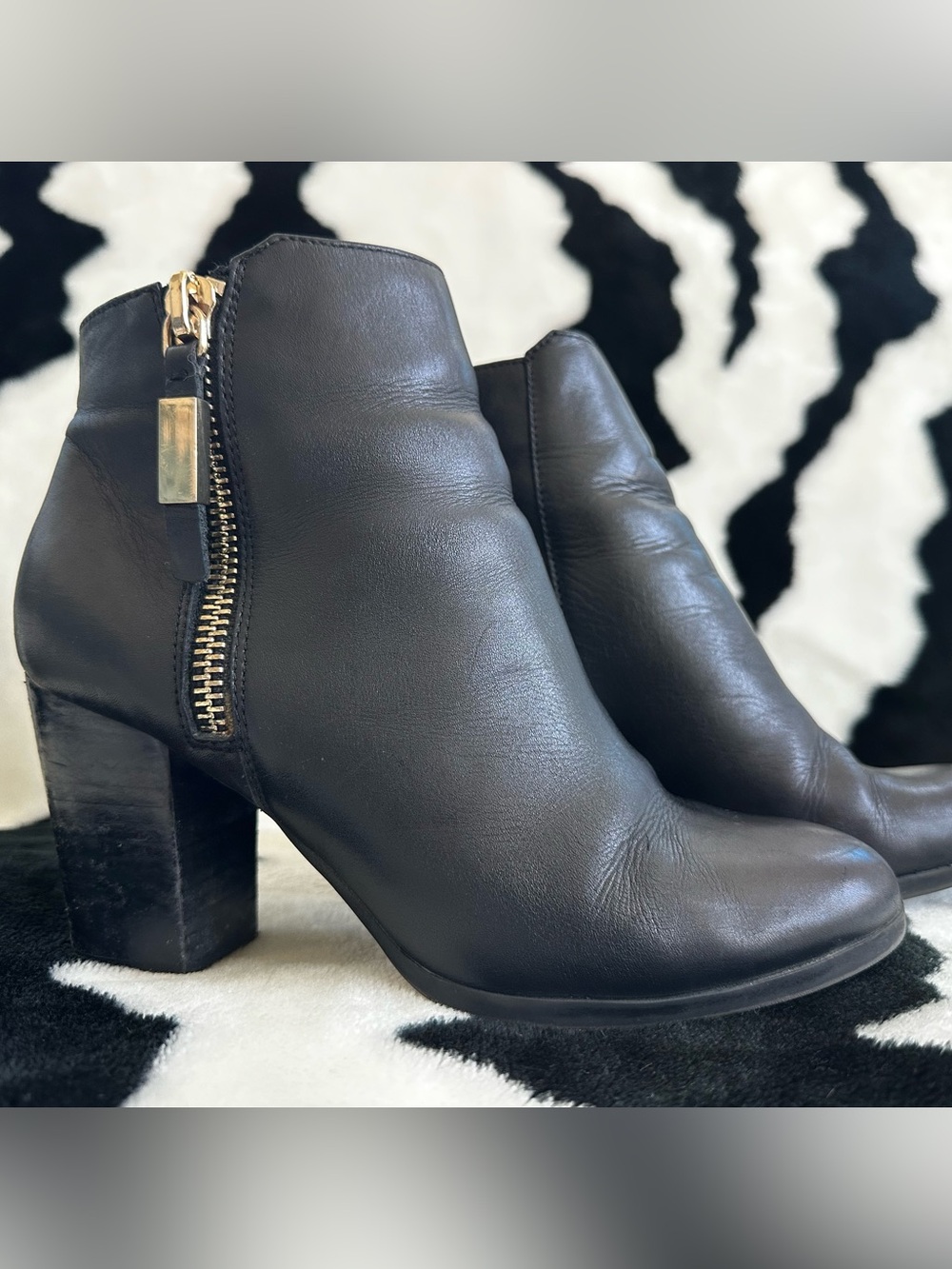 Aldo Women's Black Leather Ankle Boot with Gold Zip Accent